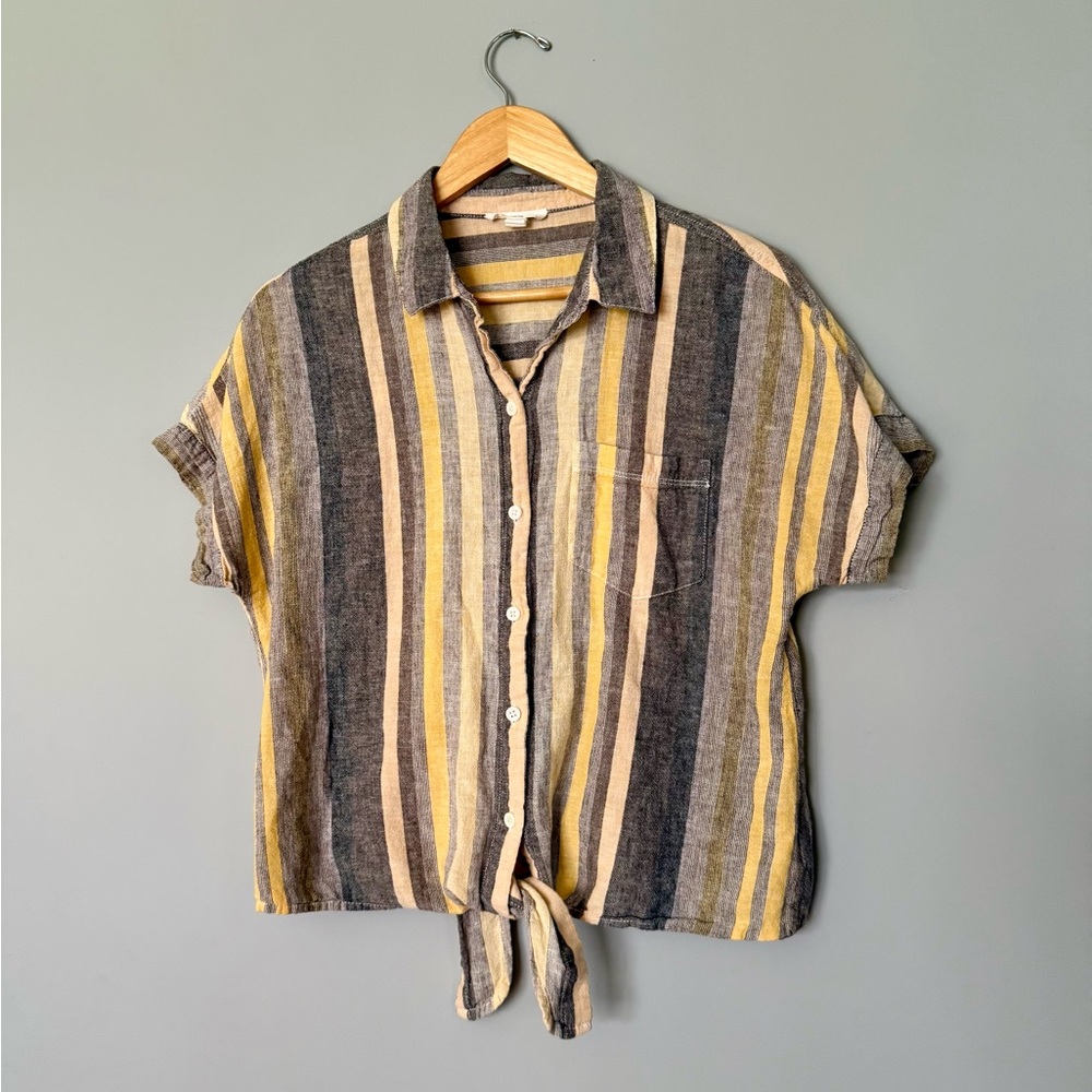 beachlunchlounge Women’s Linen Blend Button-Up Stripe Shirt in Yellow & Gray
